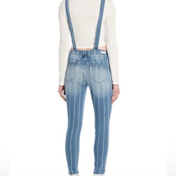 Almost Famous Light Blue and White Striped Skinny Overalls SZ M - Picture 2 of 15